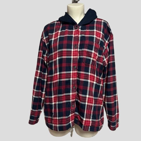 Eddie Bauer Navy & Red Plaid Button Down Lined Hooded Shacket - Picture 1 of 12